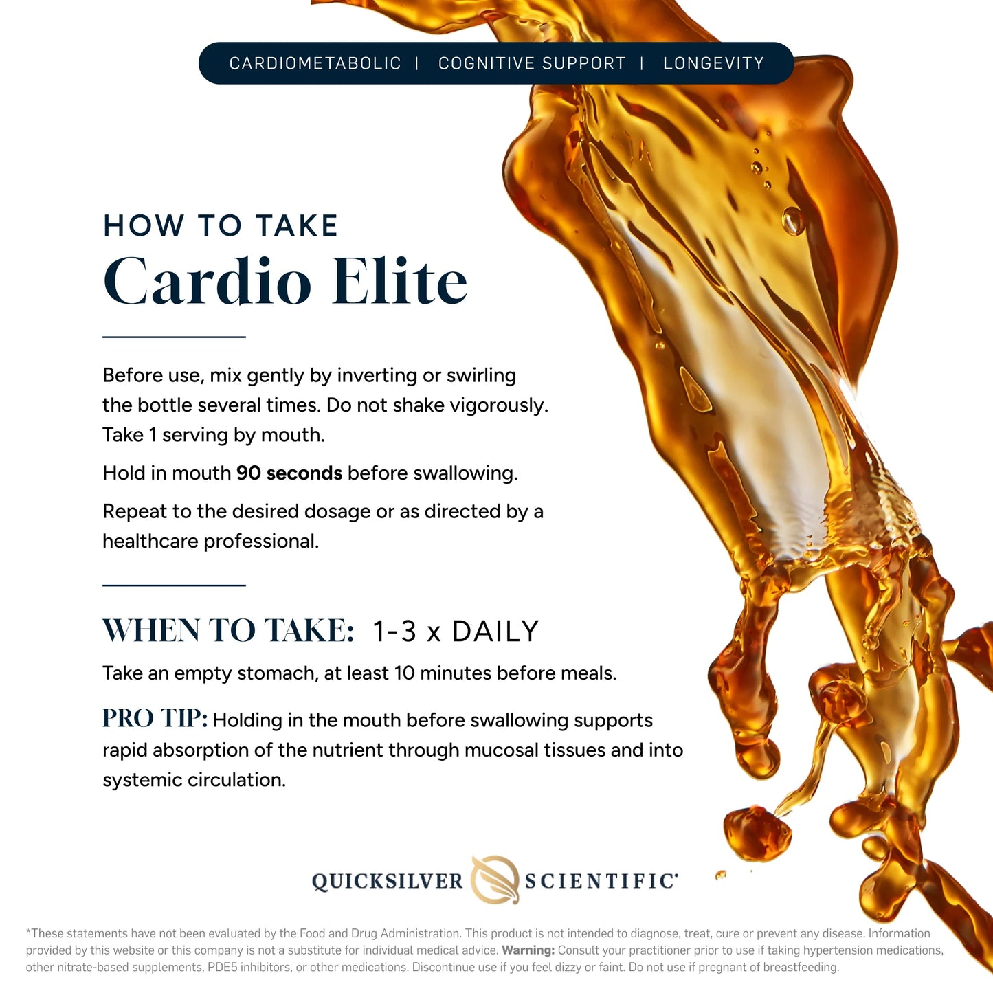 Instructions for taking Cardio Elite with a close-up of the product.