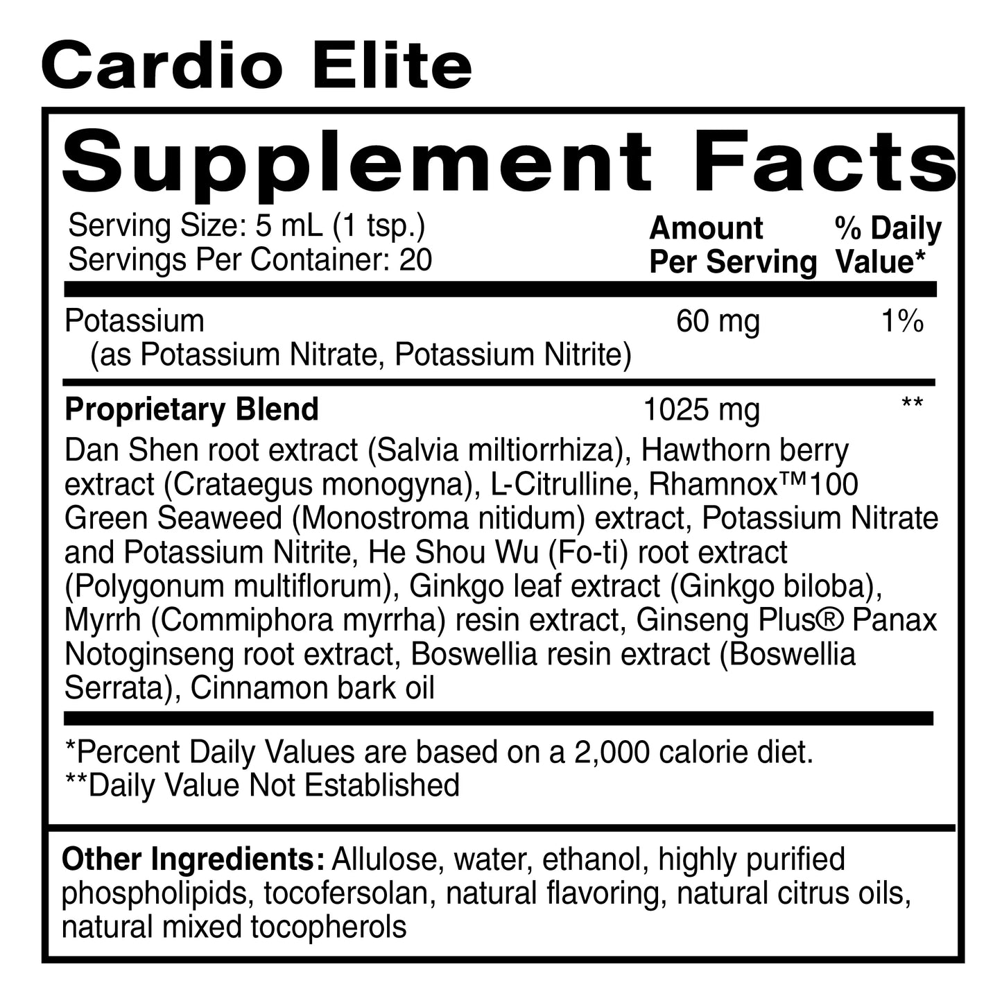 Supplement facts label for Cardio Elite with detailed ingredient list and nutritional information.