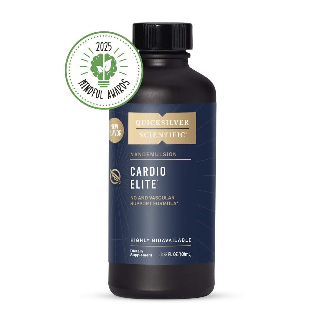 Bottle of Quicksilver Scientific Cardio Elite supplement with a 2025 Mindvalley Awards badge on a white background
