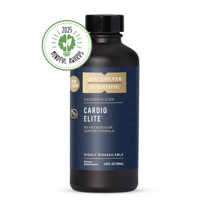 Bottle of Quicksilver Scientific Cardio Elite supplement with a 2025 Mindvalley Awards badge on a white background