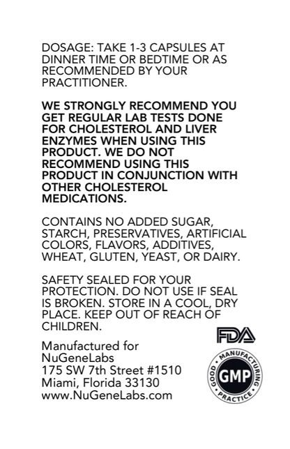 Supplement label for NuGeneLabs Extra Strength CholesteClear dietary supplement with supplement facts and branding.