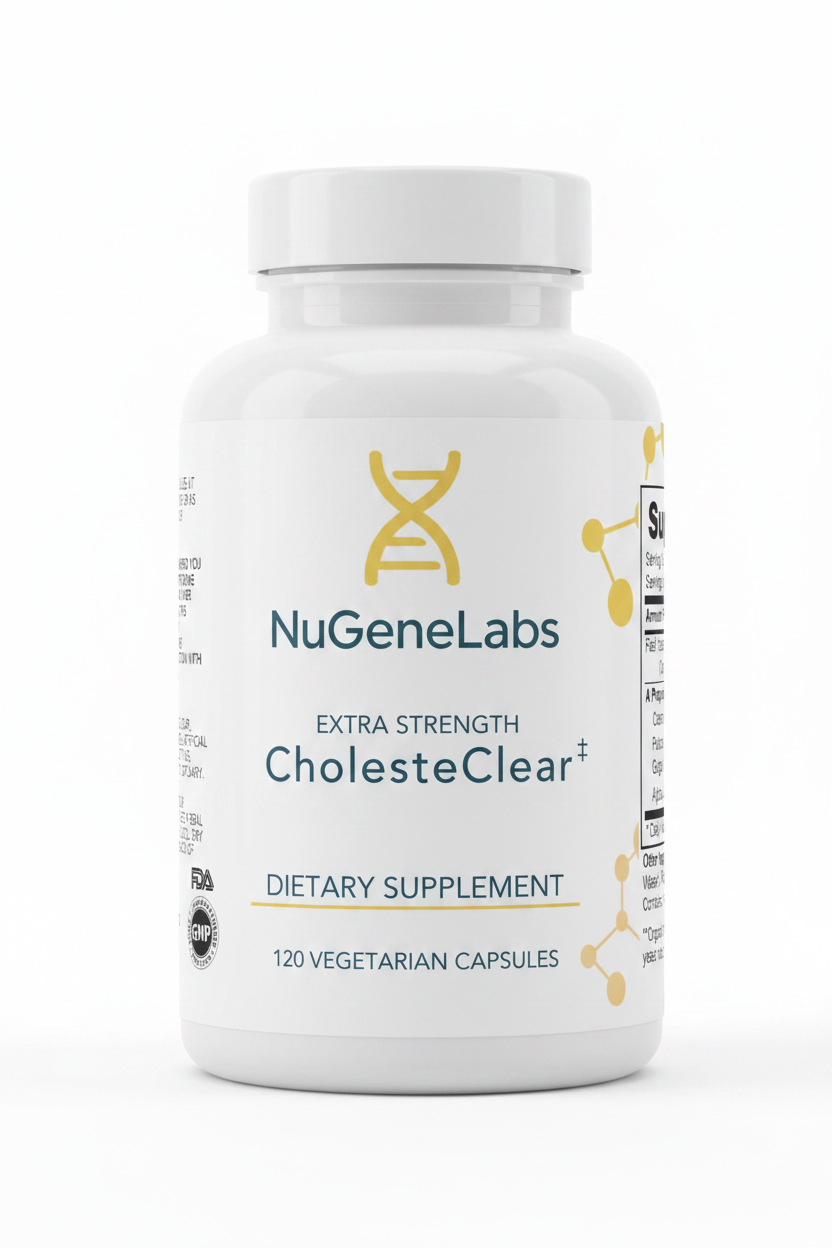 Supplement bottle labeled 'NuGeneLabs CholesteClear' on a white background