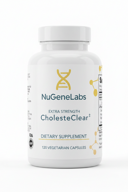Supplement bottle labeled 'NuGeneLabs CholesteClear' on a white background
