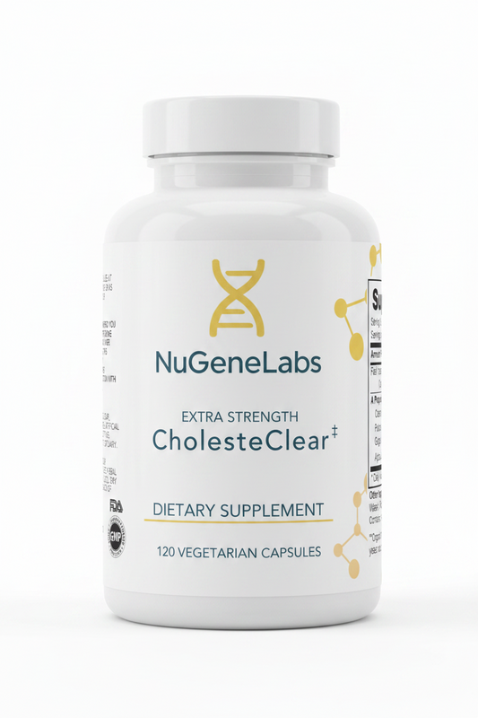 Supplement bottle labeled 'NuGeneLabs CholesteClear' on a white background
