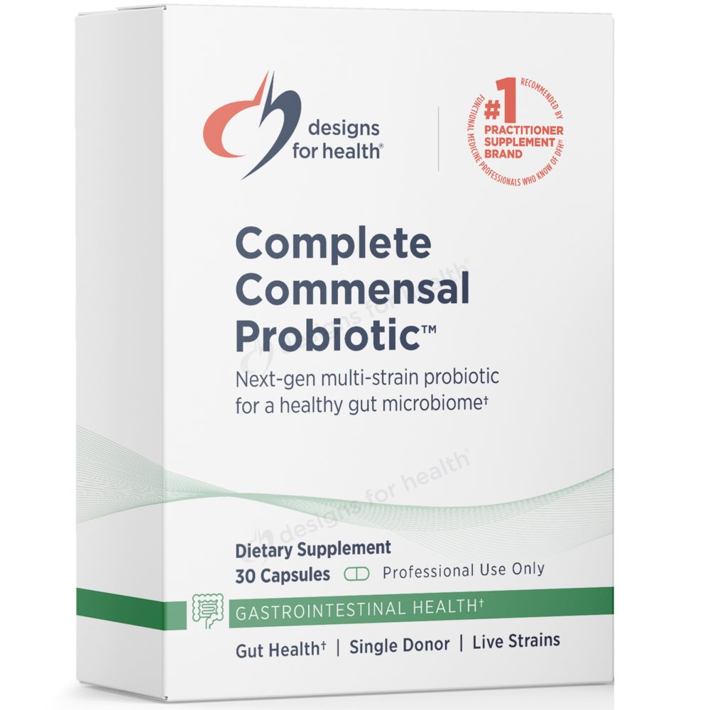 Box of 'Complete Commensal Probiotic' by Designs for Health on a white background