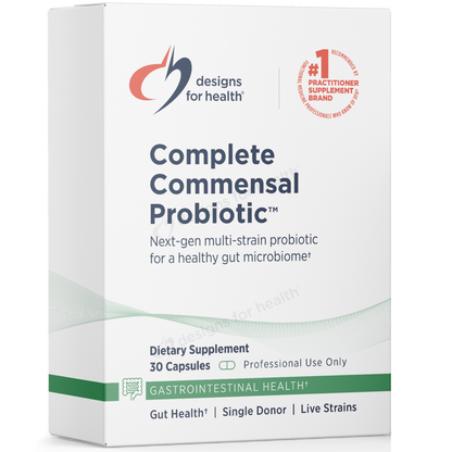 Box of 'Complete Commensal Probiotic' by Designs for Health on a white background