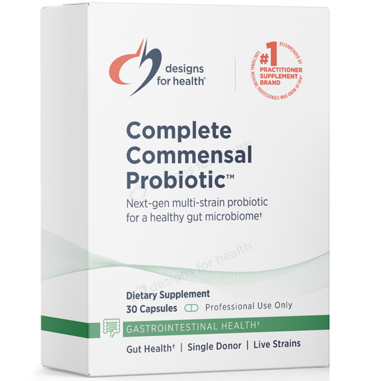 Box of 'Complete Commensal Probiotic' by Designs for Health on a white background