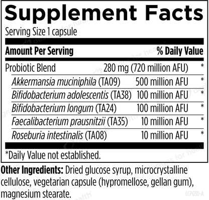 Supplement facts label for a probiotic capsule with detailed ingredient information.