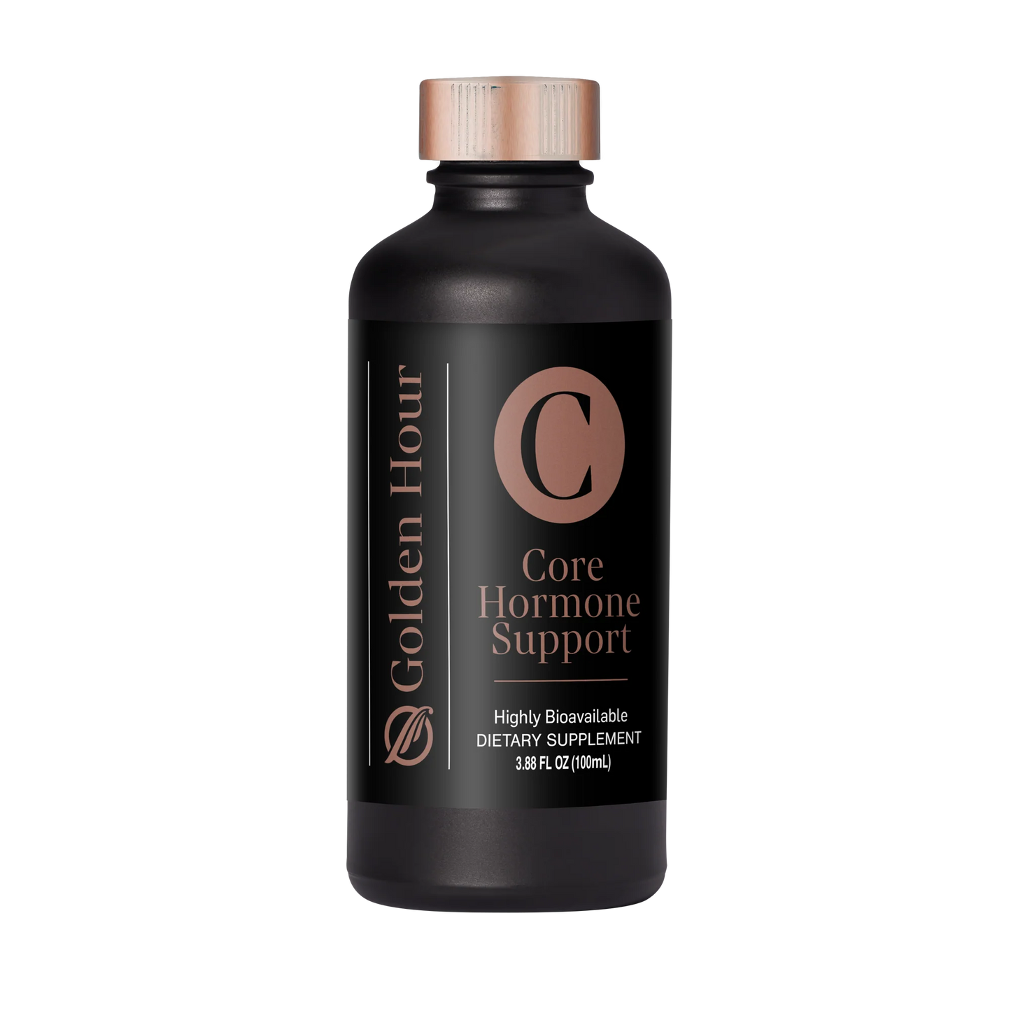 Black dietary supplement bottle labeled 'Golden Hour Core Hormone Support' on a white background