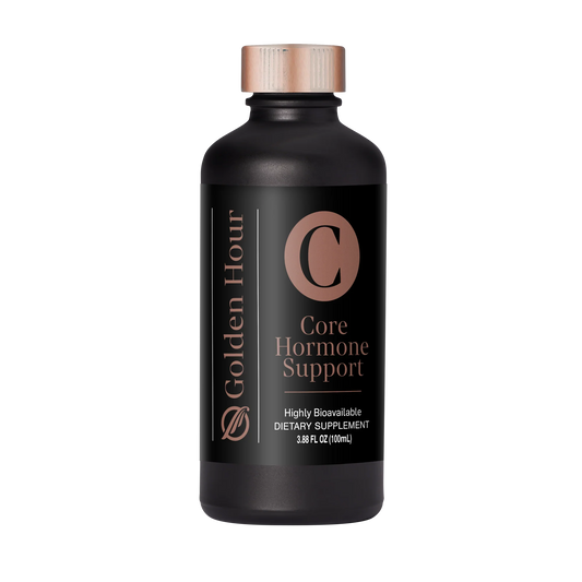 Black dietary supplement bottle labeled 'Golden Hour Core Hormone Support' on a white background