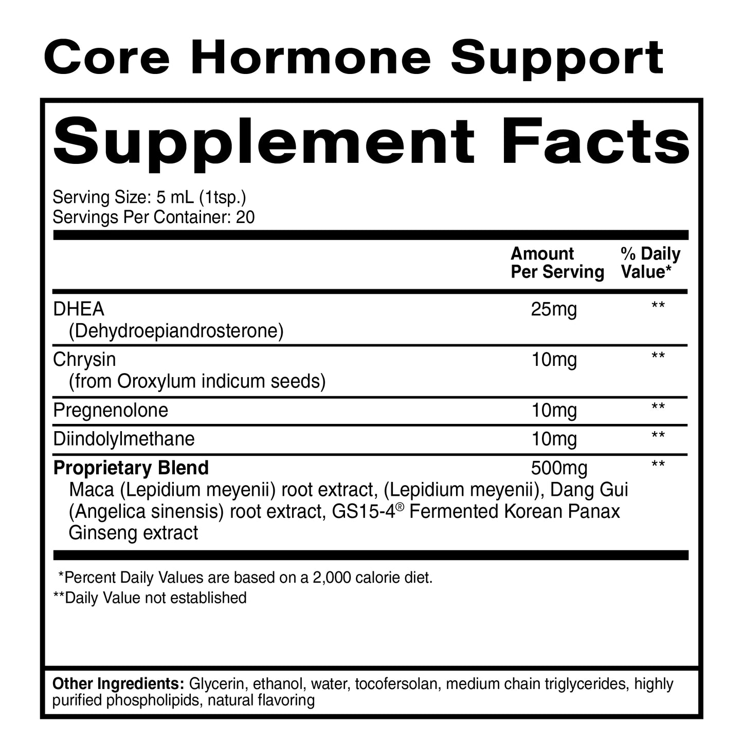 Supplement facts label for Core Hormone Support with listed ingredients and serving size.