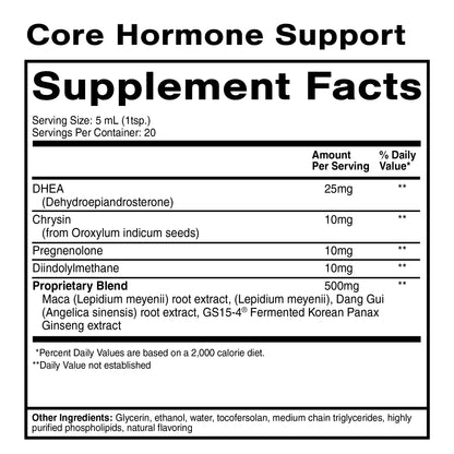 Supplement facts label for Core Hormone Support with listed ingredients and serving size.