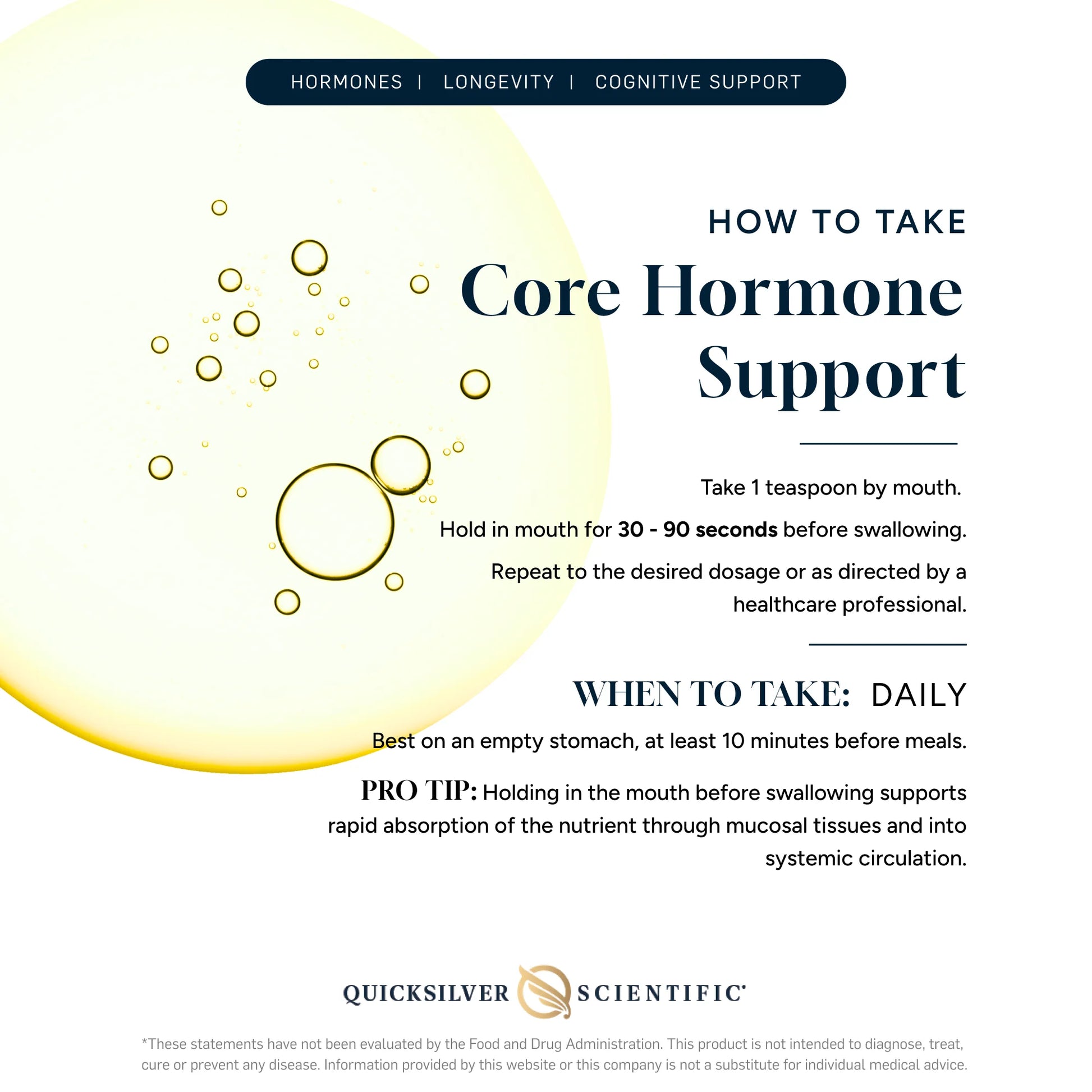 Instructional flyer for Core Hormone Support with dosage instructions and branding.