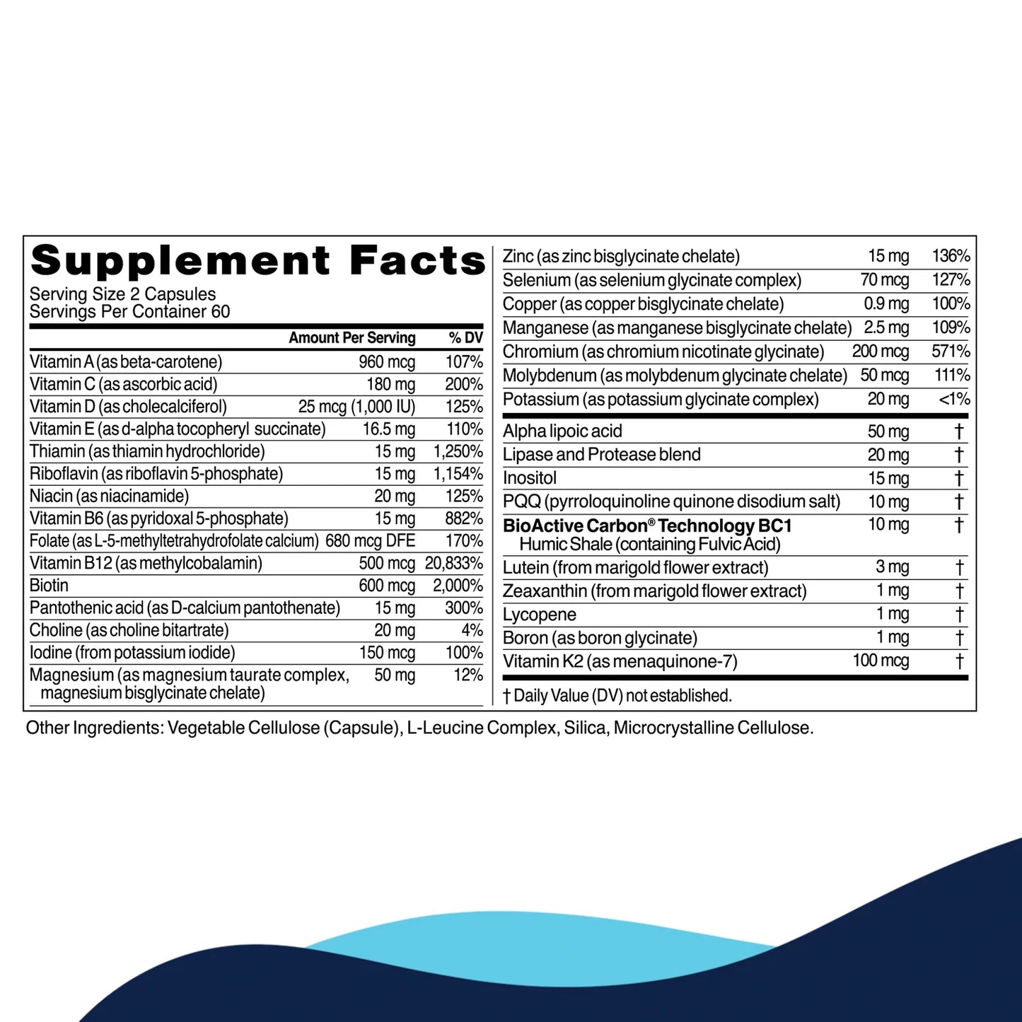 Supplement facts label with detailed nutritional information on a white background