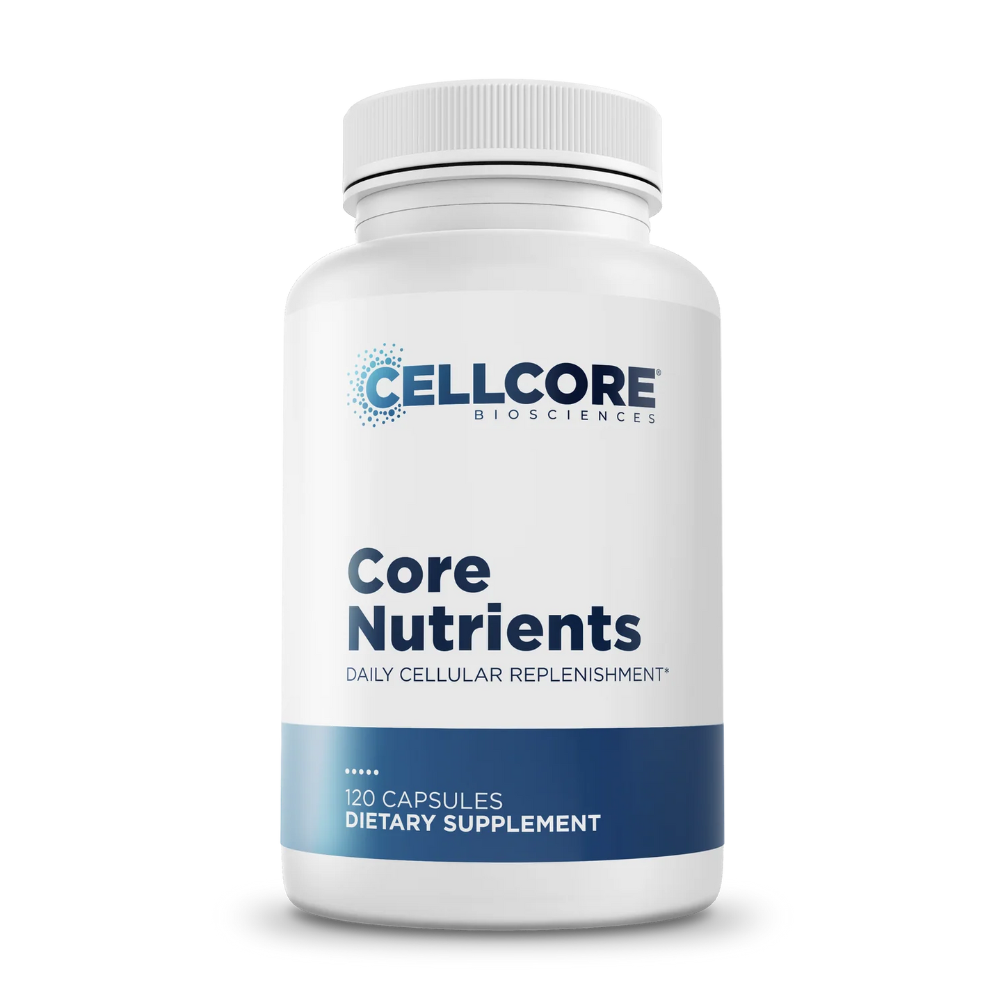 Supplement bottle labeled 'Core Nutrients' by Cellcore Biosciences on a white background