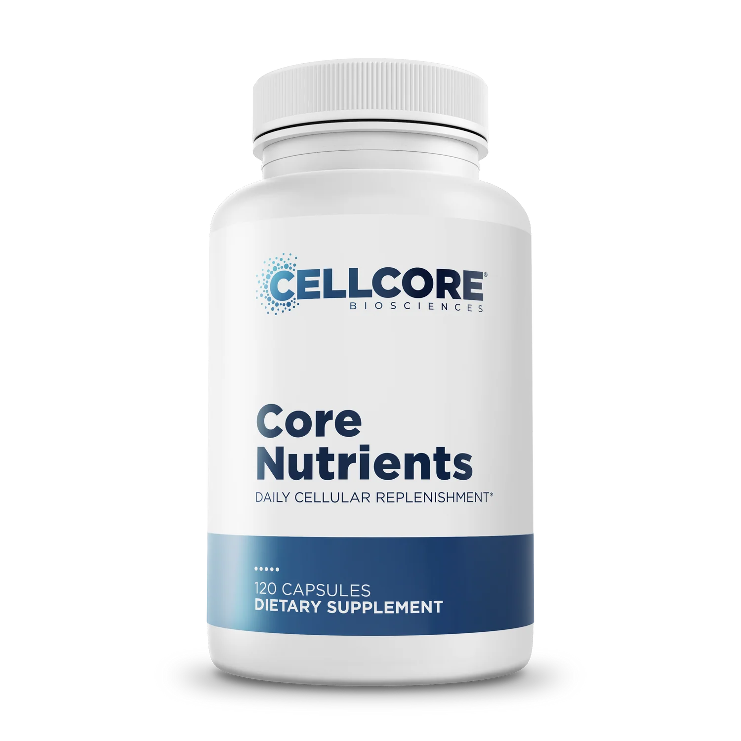Supplement bottle labeled 'Core Nutrients' by Cellcore Biosciences on a white background