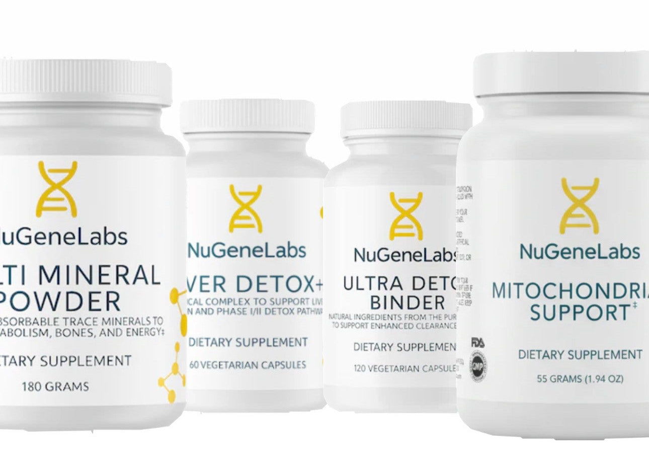 Four NuGeneLabs dietary supplement bottles on a white background