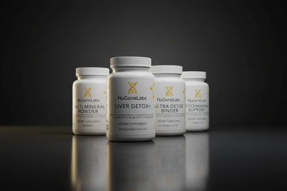 Four NuGene Labs Beginner Detox supplement bottles on a reflective surface with a dark background