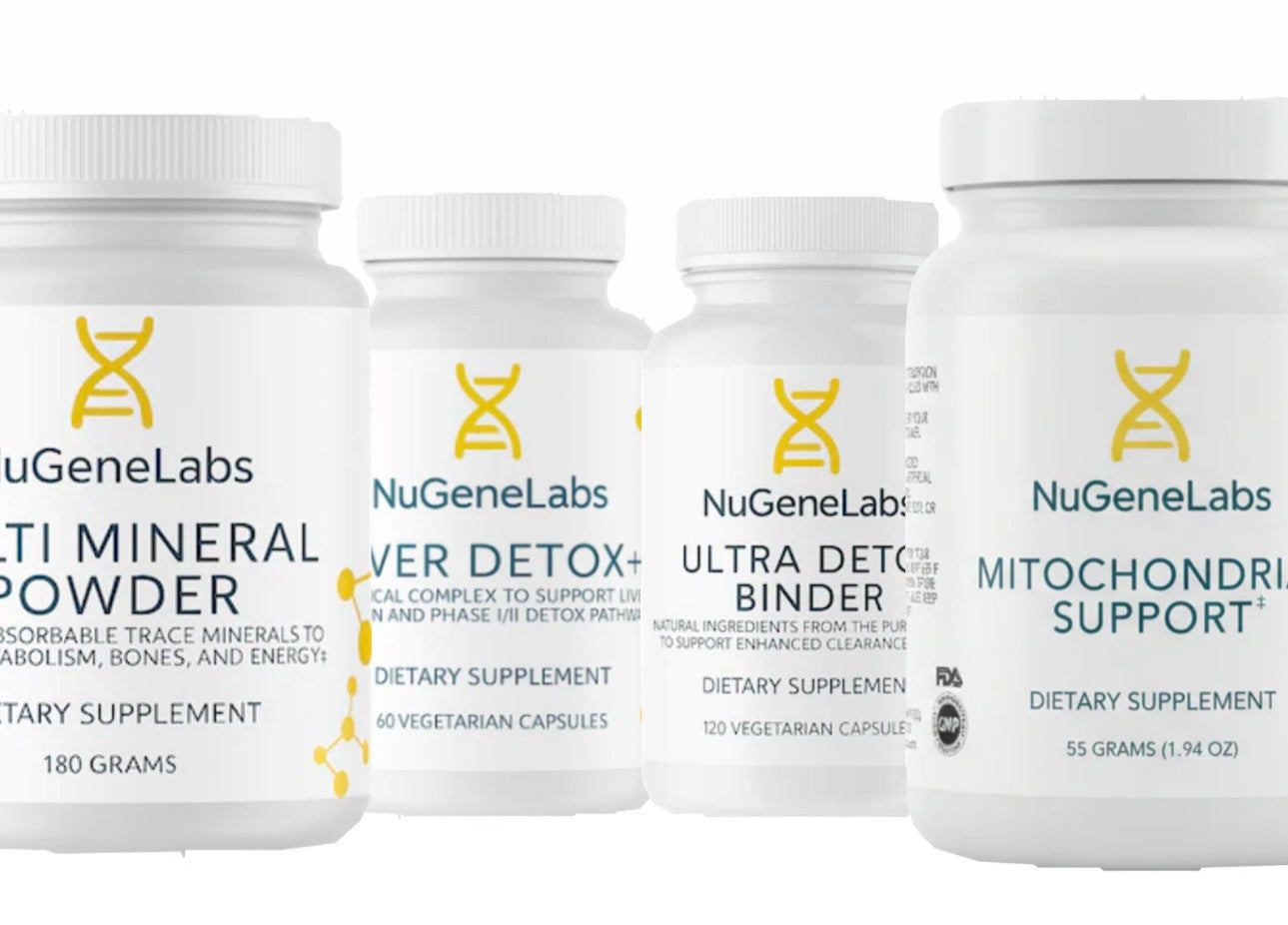 Four NuGeneLabs dietary supplement containers on a white background