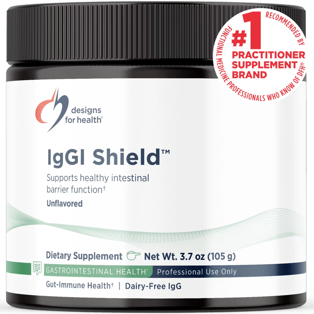 Supplement container labeled 'IgGI Shield' by Designs for Health on a white background.