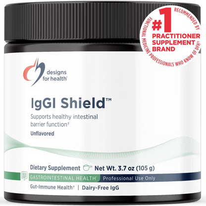 Supplement container labeled 'IgGI Shield' by Designs for Health on a white background.