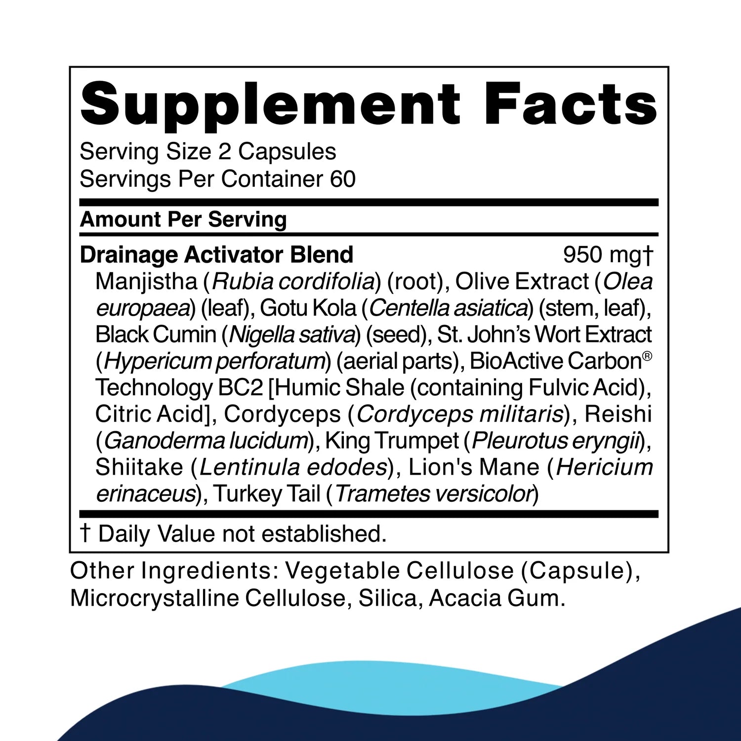 Supplement label with detailed ingredient list on a white background