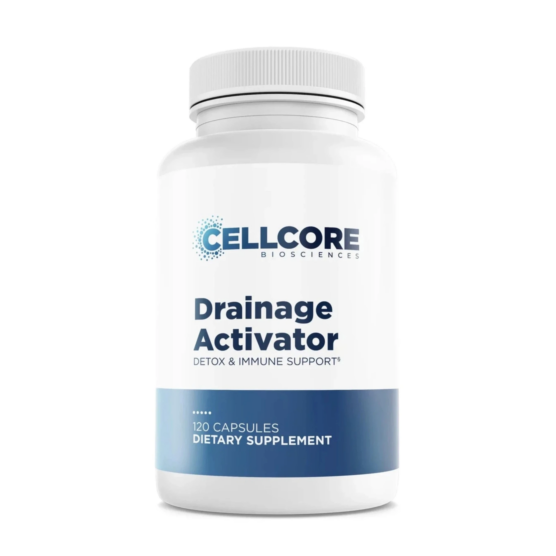 Supplement bottle labeled 'Drainage Activator' by CELLCORE BIOSCIENCES on a white background