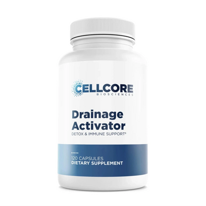 Supplement bottle labeled 'Drainage Activator' by CELLCORE BIOSCIENCES on a white background