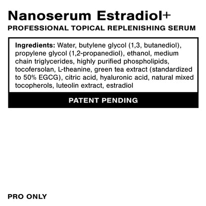 Nanoserum Estradiol+ professional topical replenishing serum ingredients list on a white background