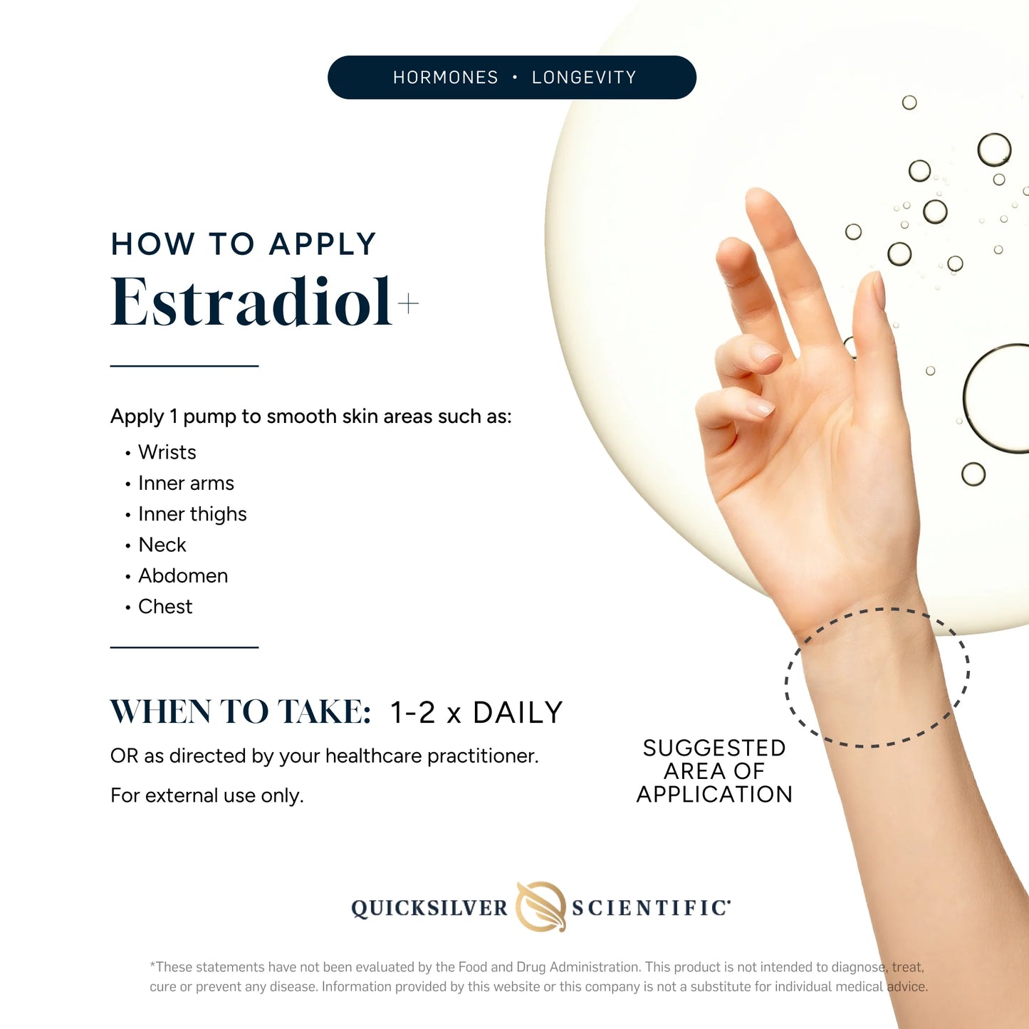 Instructions on how to apply Estradiol with a hand and wrist illustration, branded by Quicksilver Scientific.