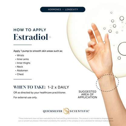 Instructions on how to apply Estradiol with a hand and wrist illustration, branded by Quicksilver Scientific.