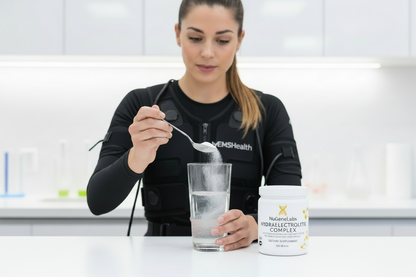 Woman mixing a NuGeneLabs HydraElectrolyte Complex supplement into water in a kitchen setting