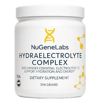 A white plastic supplement jar of NuGeneLabs Hydraelectrolyte Complex, 394 grams, on a transparent background.