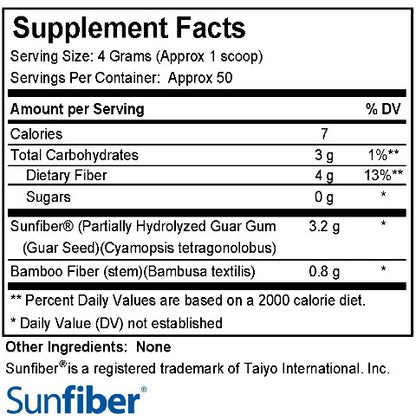 Supplement facts label for a product with fiber content, including serving size and nutritional information.