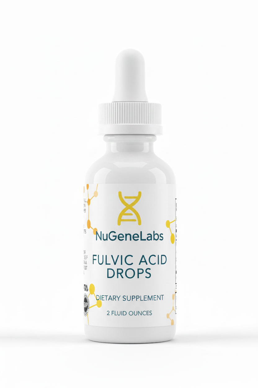NuGeneLabs Fulvic Acid Drops supplement bottle with text and logos.