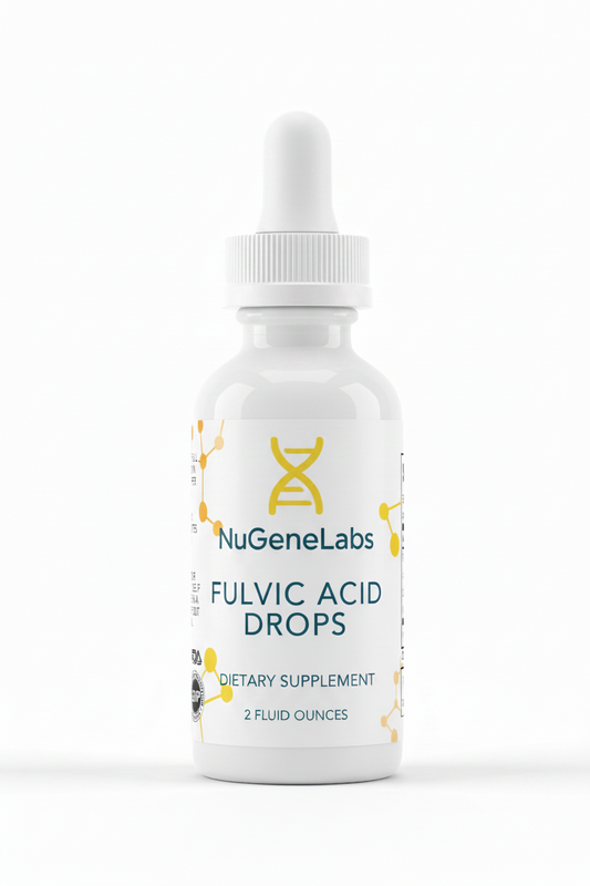 NuGeneLabs Fulvic Acid Drops supplement bottle with text and logos.