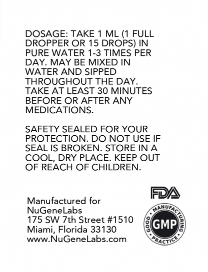 NuGeneLabs Fulvic Acid Drops supplement label with suggested use text and logos.
