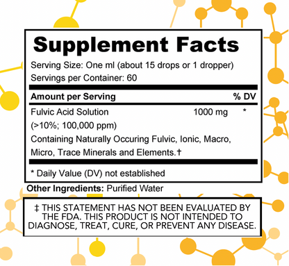NuGeneLabs Fulvic Acid Drops supplement facts label with text and logos.