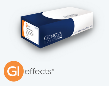 Genova Diagnostics Specimen Collection Pack box in navy blue and white packaging, shown on a light gray background with a prominent orange and gray 'GI effects' watermark logo in the lower left corner.