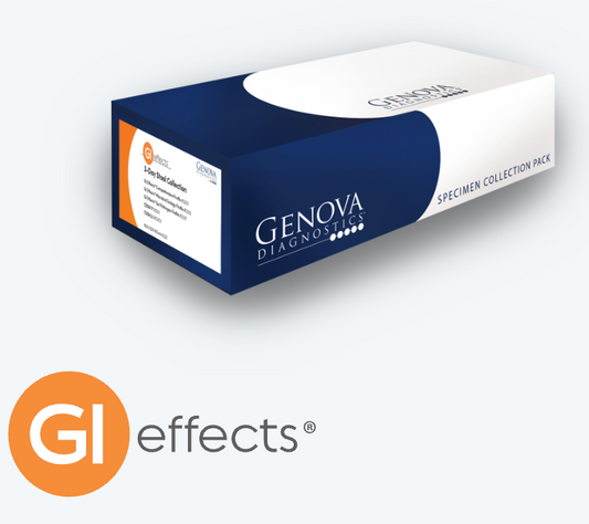 Genova Diagnostics Specimen Collection Pack box in navy blue and white packaging, shown on a light gray background with a prominent orange and gray 'GI effects' watermark logo in the lower left corner.