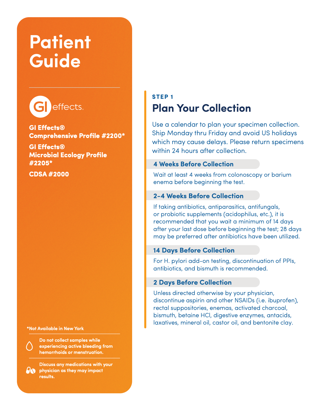 Patient guide informational sheet for GI effects Comprehensive Profile #2200 and GI effects Microbi Ecology Profile #2200, showing collection instructions in orange, white, and gray sections.
