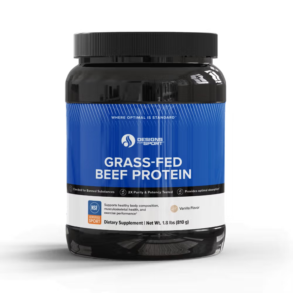 Container of Designs for Sport Grass-Fed Beef Protein on a white background