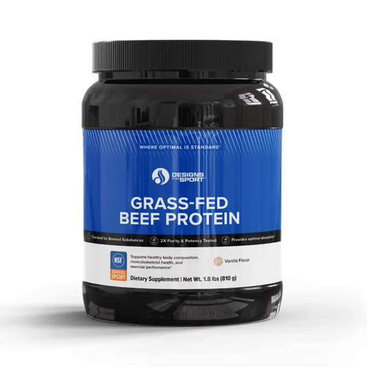 Container of Designs for Sport Grass-Fed Beef Protein on a white background