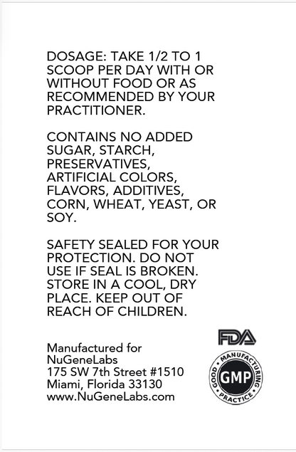Back label of a supplement container with text and NuGeneLabs branding.