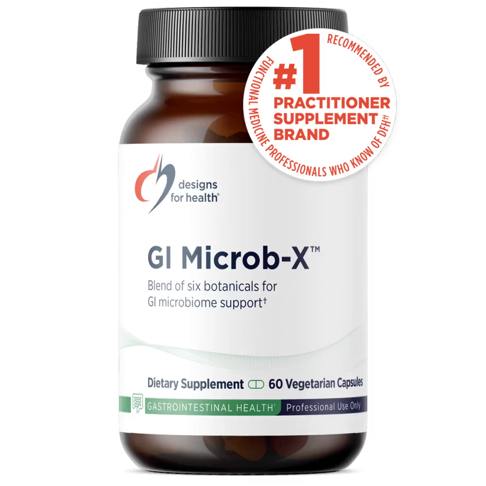 Supplement bottle labeled 'GI Microb-X' by Designs for Health on a white background