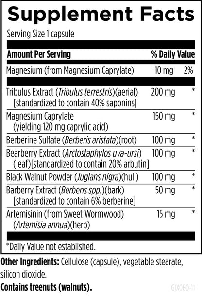 Supplement facts label with various ingredients and their amounts per serving.