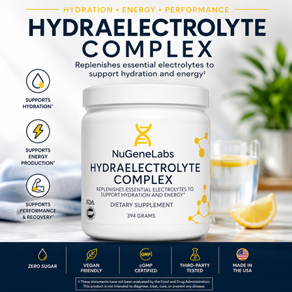 A white tub of NuGeneLabs Hydraelectrolyte Complex dietary supplement centered on a light gray background, with marketing text, icons, and feature badges around it. The tub label is white with black and yellow text and graphics.