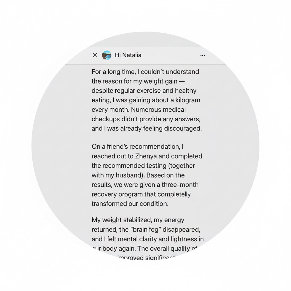 Text message with a testimonial about weight gain, medical checkups, and a recovery program led by Zhenya.