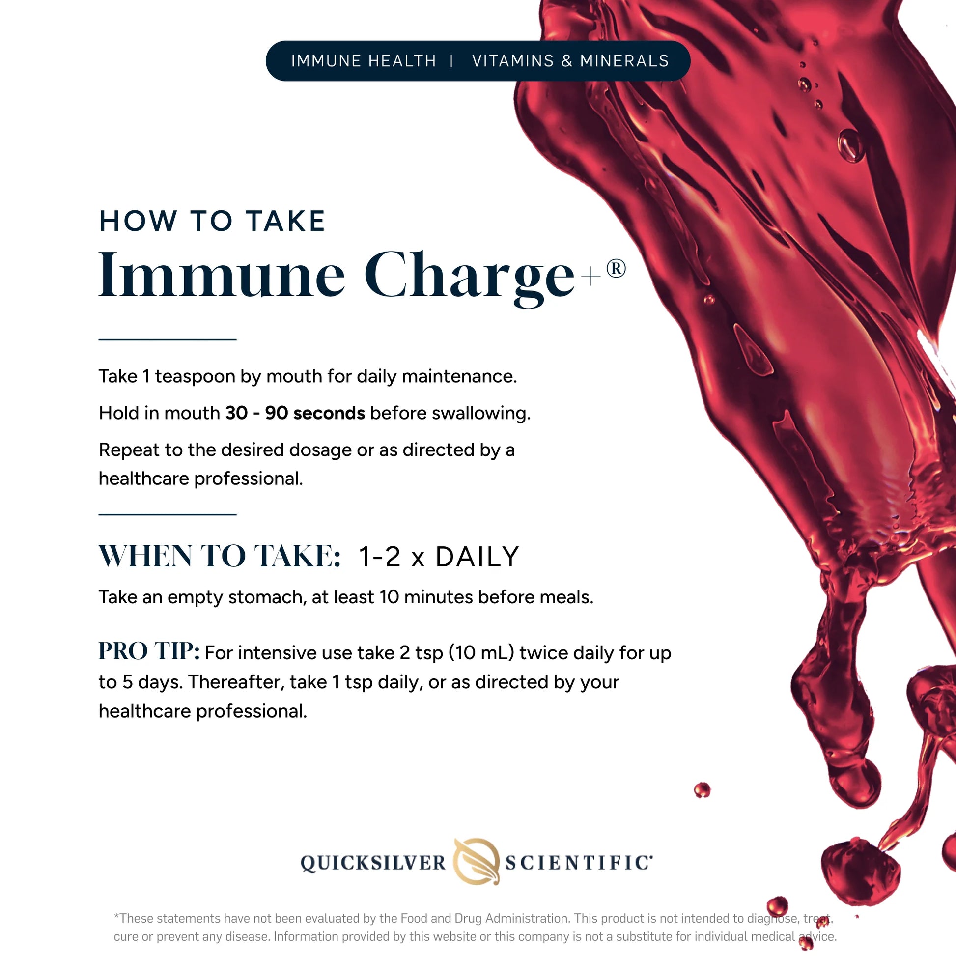 Quicksilver Scientific immune supplement instructions with red liquid background