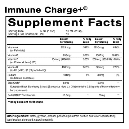 Supplement facts label for Immune Charge+ with detailed nutritional information.